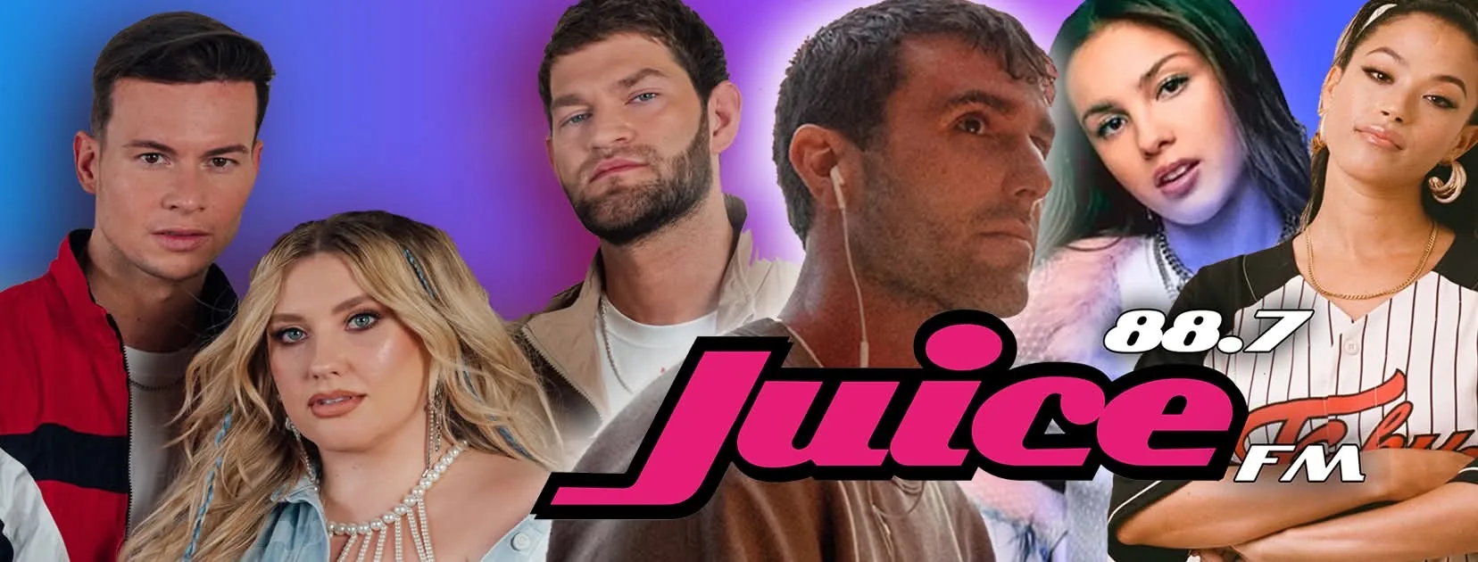 Six of the artists you hear on Juice FM Cork, with the Juice FM 88.7 logo