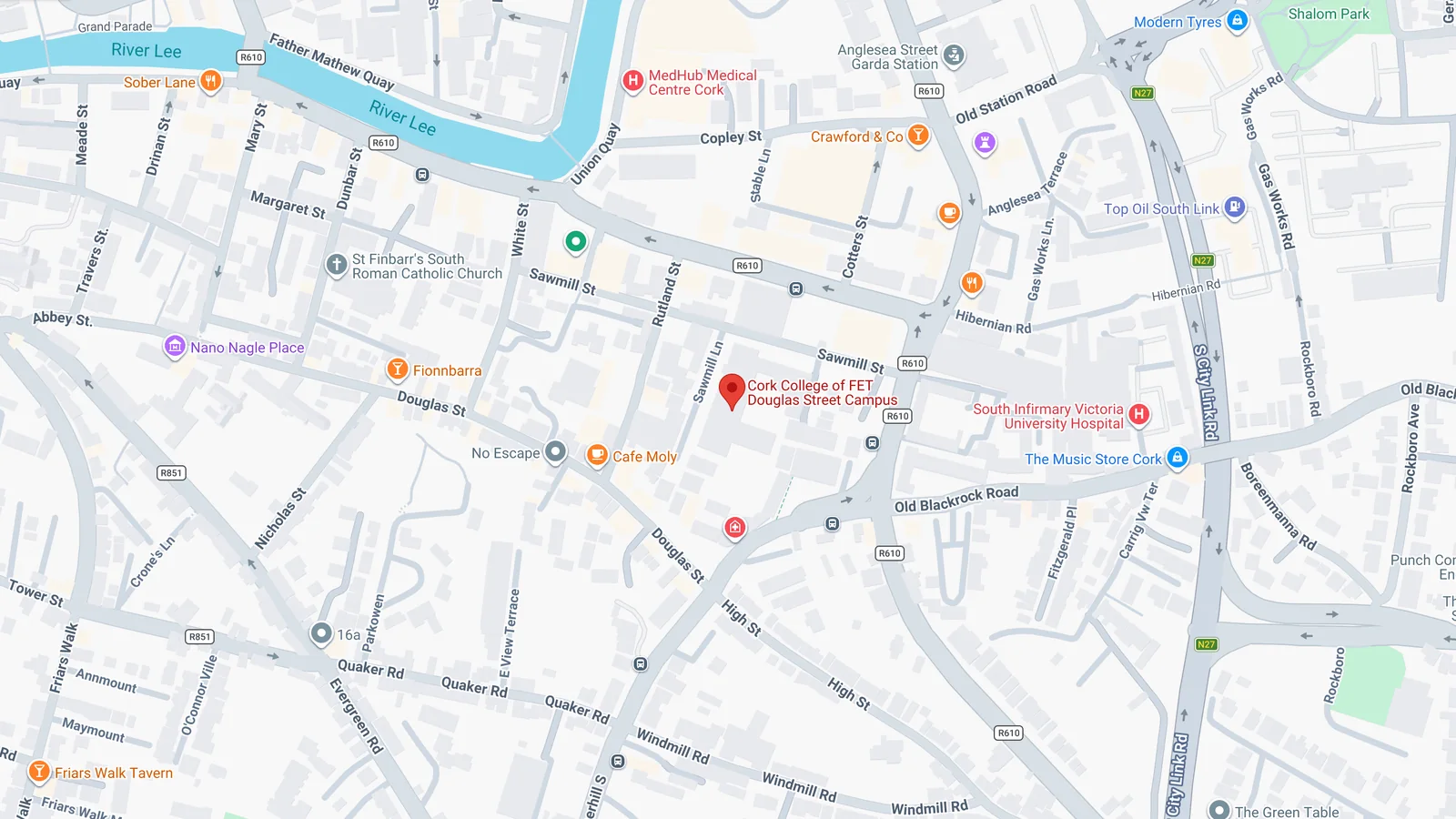 Map of Cork city centre with Douglas Street Campus marked
