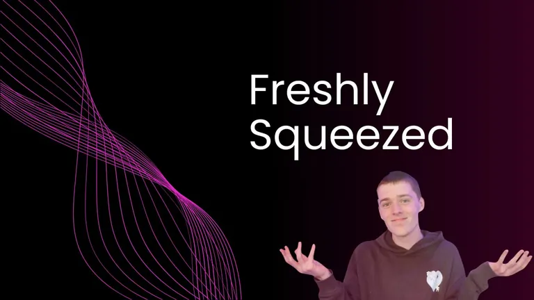 Artwork for Freshly Squeezed, a presenter with both hands raised on a black ground beside a magenta sound wave