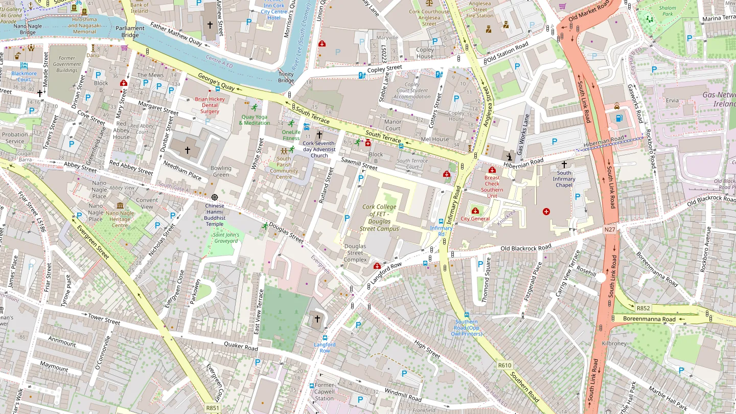 Map of the streets around the Douglas Street Campus in Cork city, with the station marked