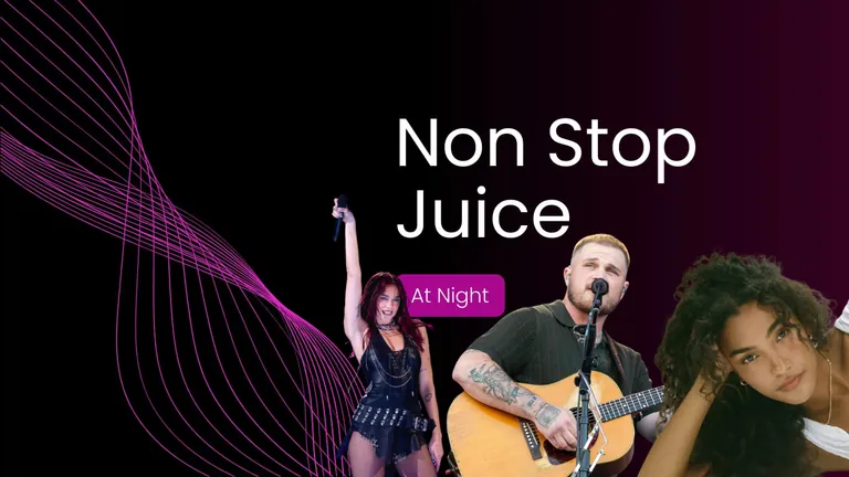 Artwork for Non-Stop Juice At Night, three singers on a black ground beside a magenta sound wave