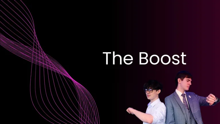 Artwork for The Boost, two presenters back to back on a black ground beside a magenta sound wave