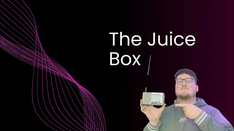 Artwork for The Juice Box, a presenter holding out a transistor radio on a black ground beside a magenta sound wave