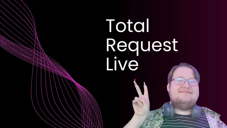 Artwork for Total Request Live, a presenter holding up two fingers on a black ground beside a magenta sound wave